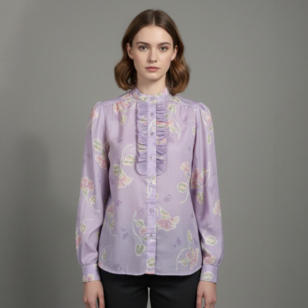 Vintage Pykettes Blouse Ruffled Front Floral Print Womens Size Medium Purple
